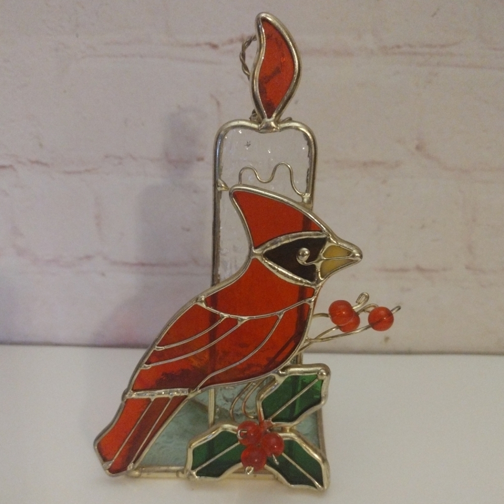 Vintage Handmade Stained Glass Red Cardinal Bird Tea Light Candle Holder 6"